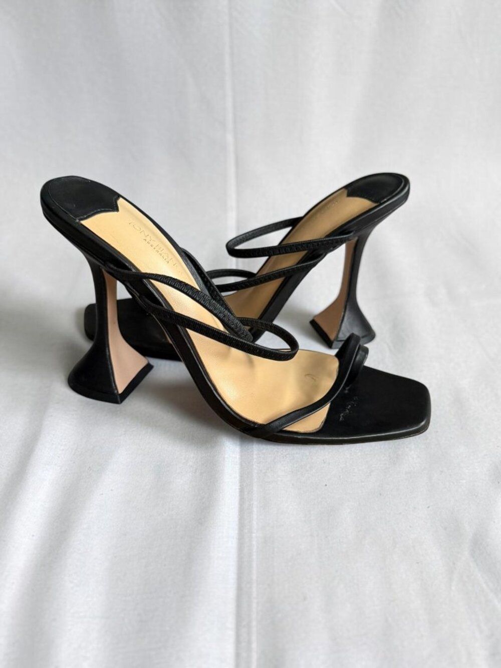 TONY BIANCO Black Leather Martini Heels Sandals Size 7.5